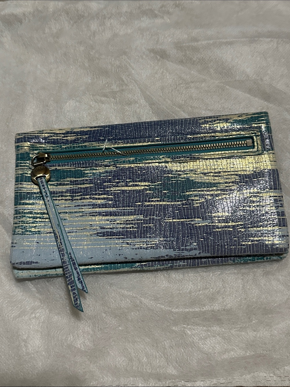 HOBO Luman Metallic Blue “Cracked Glass” Textured Zip Continental Wallet
